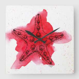 AquarellStarfish Quadratische Wanduhr
