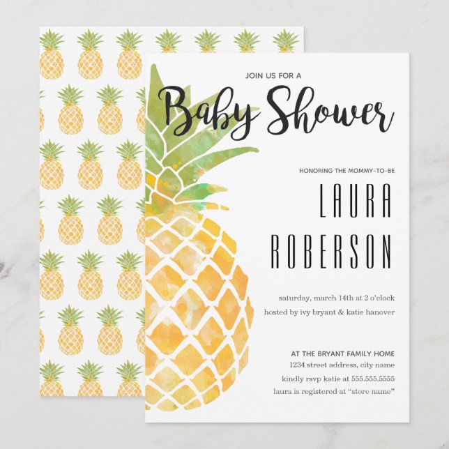 Aquarellstencil Ananas Kinderdusche Einladung (Vorne/Hinten)