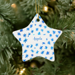 Aquarellsterne mit Namen - blaue Keramik Ornament