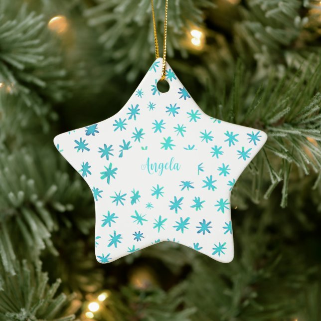 Aquarellsterne mit Namen - Türkis Keramik Ornament (Baum)