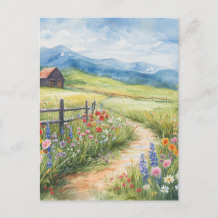 Aquarellstil Frühlingswiese mit Blumen Postkarte