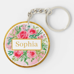 Aquarellstil rosa Rosen, grüne Blätter und Gold Schlüsselanhänger