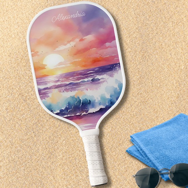 Aquarellstrahler auf der Strandmonogramm Pickleball Schläger (Von Creator hochgeladen)