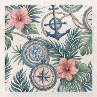 AQUARELLSTREIFEN TROPISCHES UND NAUTISCHES THEMA GLASUNTERSETZER