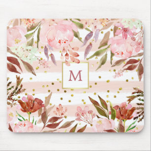 Aquarellstreifen und Blumen mit Goldpunkten Mousepad
