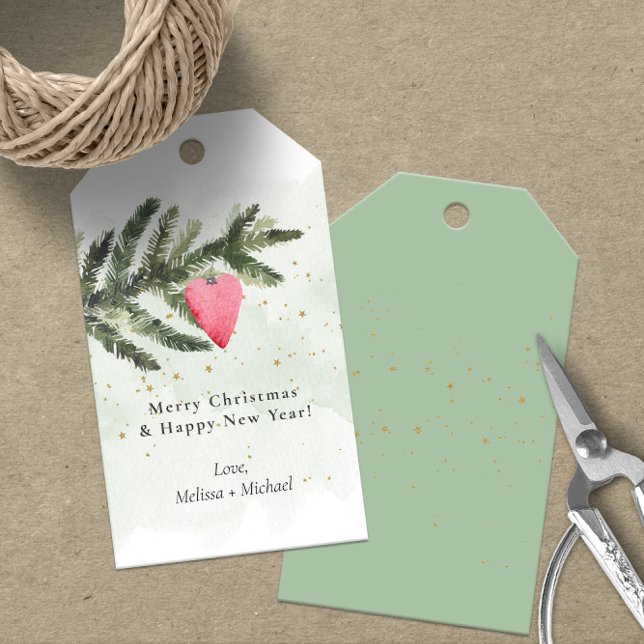 Aquarelltafel Tree & Rotes Herz Geschenkanhänger (Cute Merry Christmas and Happy New Year Gift Tags Personalized with Your Name)