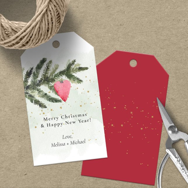 Aquarelltafel Tree & Rotes Herz Geschenkanhänger (Merry Christmas and Happy New Gift Tags Personalized With Your Name)