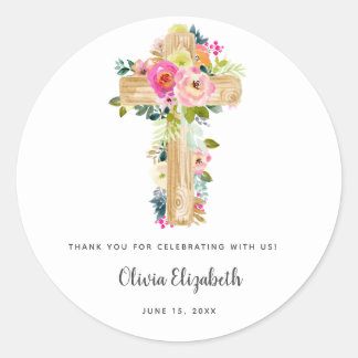 Aquarelltaufe Blumenkreuz Christening Runder Aufkleber
