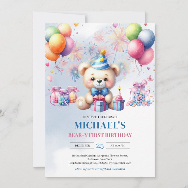 Aquarellteddy Bär Bonbons Bären-y ersten Geburtsta Einladung (Vorderseite)