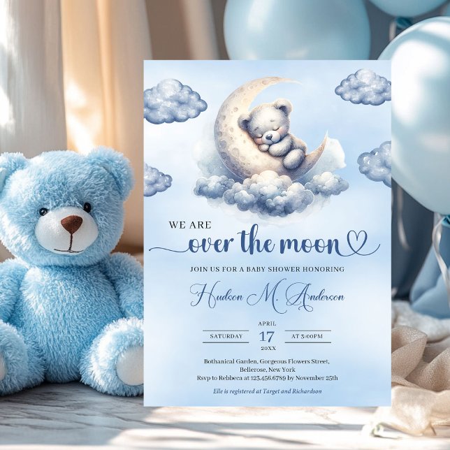 Aquarellteddy über dem Mond Babydusche Einladung (we are over the moon boy baby shower invitation with teddy bear)
