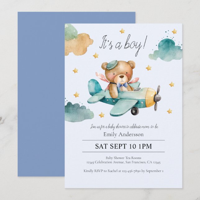 Aquarellteddybär mit Junge Babydusche Einladung (Vorne/Hinten)