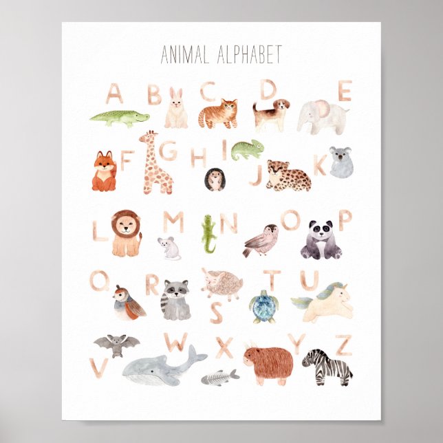 Aquarelltier abc Kinder Alphabet. Kinderzimmer Poster (Vorne)