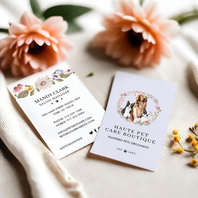 Aquarelltiere Hunde Wildblume Wraath Pet Care Visitenkarte (Watercolor Dogs Wildflower Wreath Pet Care Business Card)