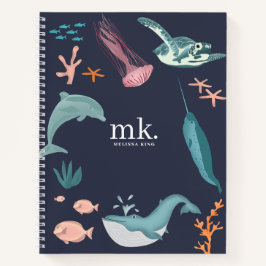 Aquarelltiere Seetiere Monogram Blue Notizbuch