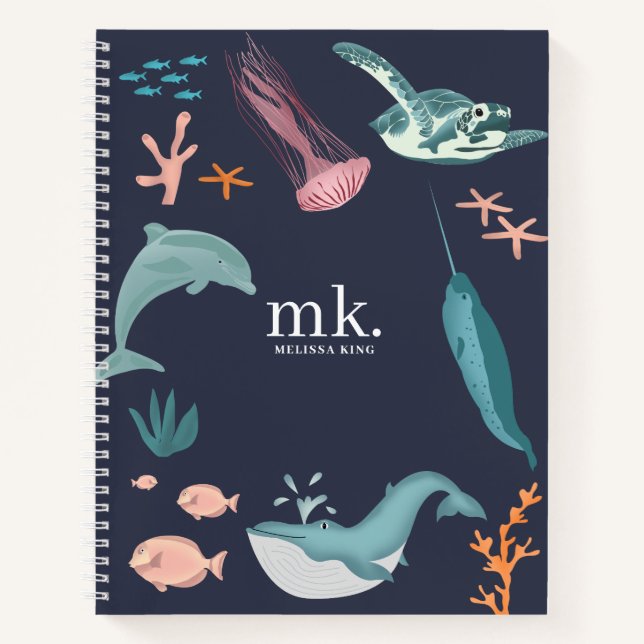 Aquarelltiere Seetiere Monogram Blue Notizbuch (Vorderseite)