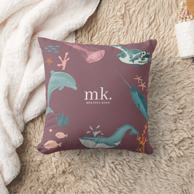 Aquarelltiere Seetiere Monogramm Dusty Pink Kissen (Decke)