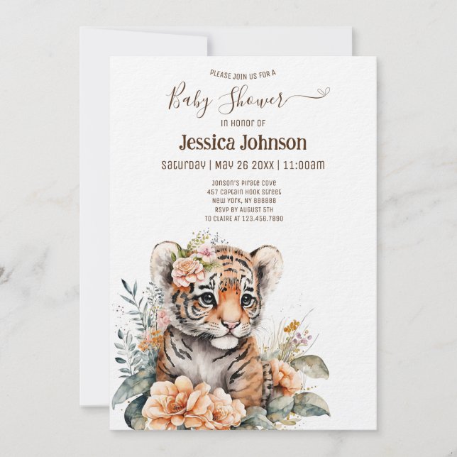 Aquarelltiger in Blume Kinderdusche Einladung (Vorderseite)