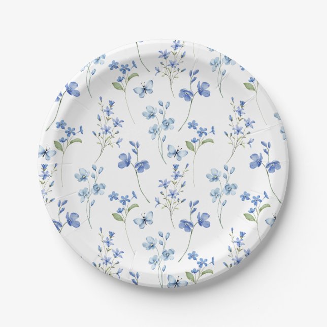 Aquarelltöne, blaue Wildblume Pappteller (Vorderseite)