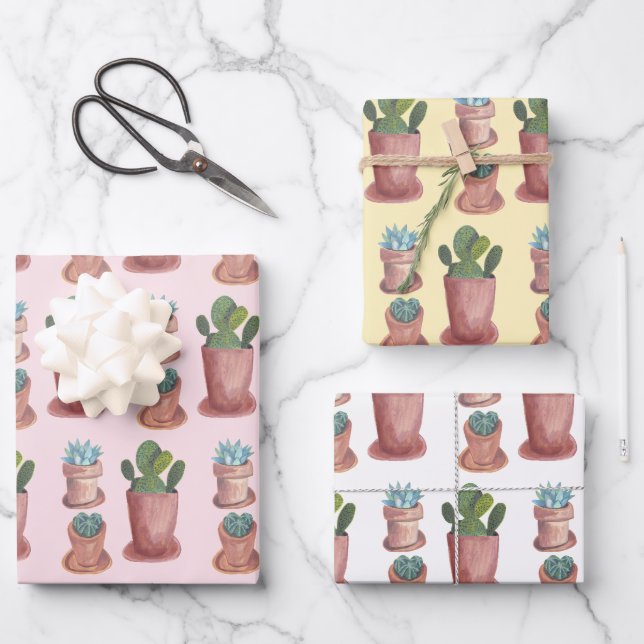 Aquarelltöne Pflanze Sukkulturen und Kakteen-Gesch Geschenkpapier Set (Vorderseite)