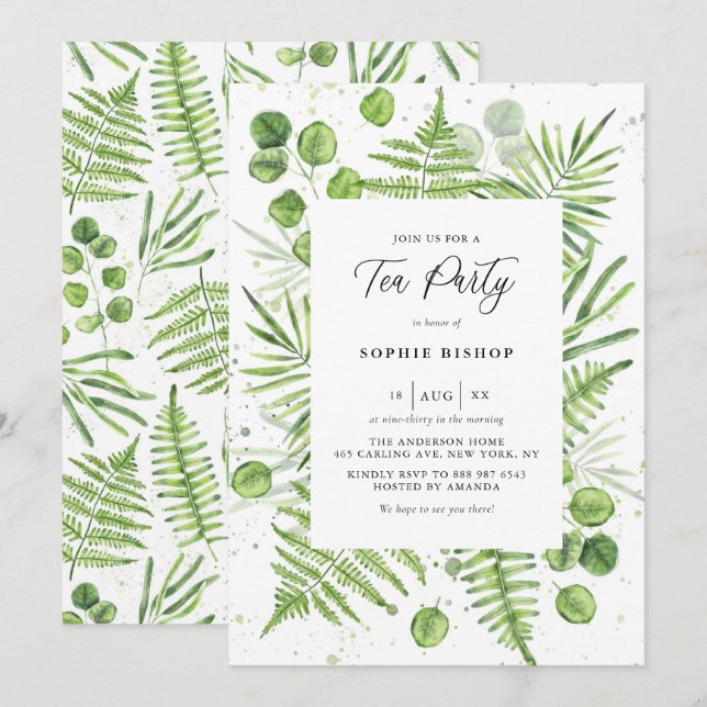 Aquarelltöne und Eukalyptus Frame Tee Party Einladung (Vorne/Hinten)