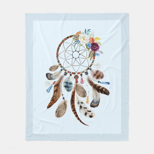 Aquarelltöner-Blume & Tribal-Federn Fleecedecke (Vorderseite)