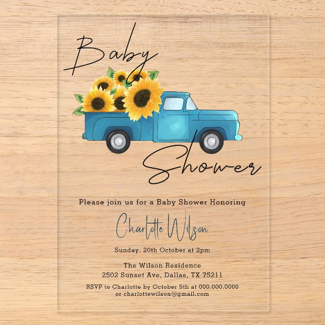 Aquarelltruck mit Sonnenblumen Babydusche Acryleinladungen (Vorderseite)