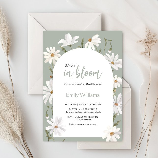 Aquarelltuch in blühender Blume Babydusche Einladung (Daisy wildflower watercolor baby in bloom floral shower invitation in sage colors, rustic, boho)