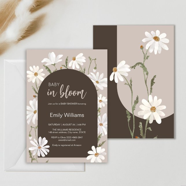 Aquarelltuch in blühender Blume Babydusche Einladung (Daisy wildflower watercolor baby in bloom floral shower invitation in beige colors, rustic, boho)