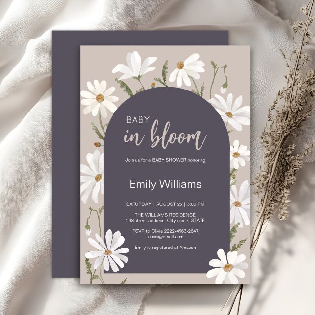 Aquarelltuch in blühender Blume Babydusche Einladung (Daisy wildflower watercolor baby in bloom floral shower invitation in beige colors, rustic, boho)
