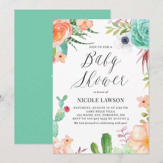 Aquarelltuch und Blume Babydusche Einladung (Vorne/Hinten)