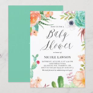 Aquarelltuch und Blume Babydusche Einladung