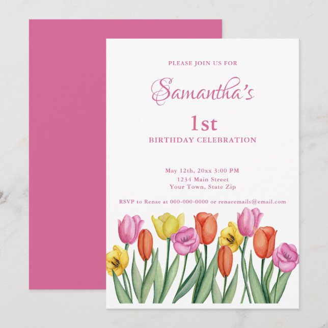 Aquarelltulips 1. Geburtstag Einladung (Vorne/Hinten)