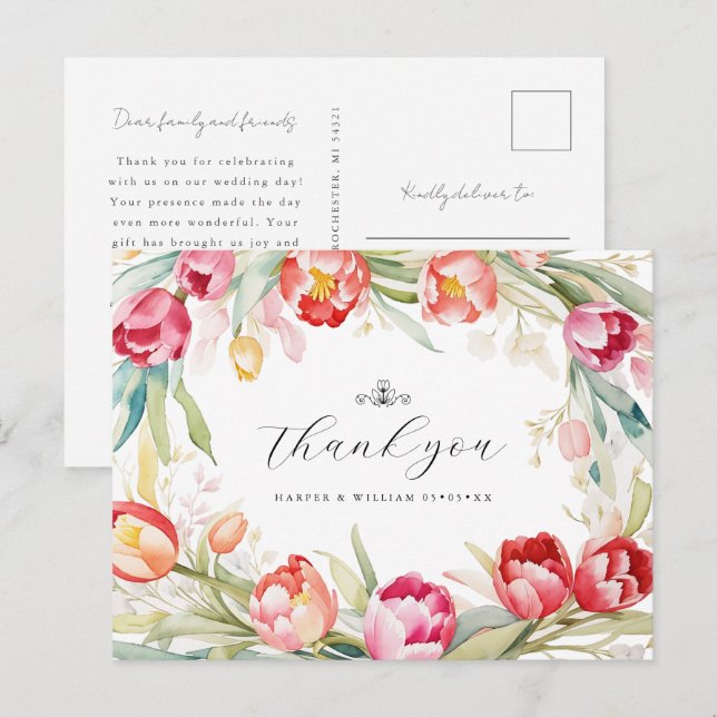 Aquarelltulips Rahmen Hochzeit danke Postkarte (Vorne/Hinten)