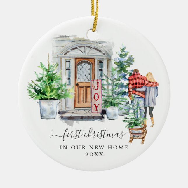 Aquarelltür | Erste Weihnachts-Zuhause Keramik Ornament (Vorne)