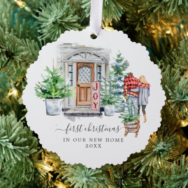 Aquarelltür | Erste Weihnachts-Zuhause Ornament Karte (Insitu (Baum))