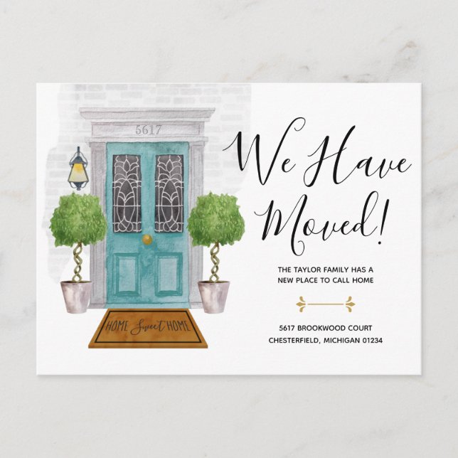 Aquarelltür Wir haben neue Adresse Postkarte versc (Vorderseite)