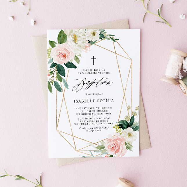 Aquarellturm Florals geometrische Rahmentaufe Einladung (Von Creator hochgeladen)