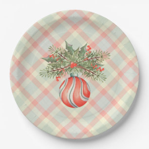 Aquarellverzierung auf einem karierten Weihnachtsg Pappteller