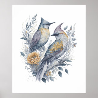 Aquarellvögel auf Zweigstelle der Blume Poster