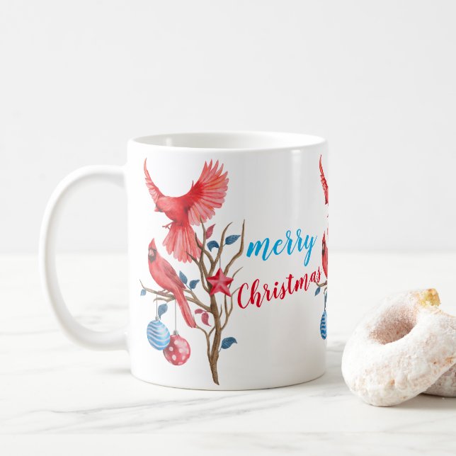 Aquarellvögel Frohe Weihnachten personalisiert Kaffeetasse (Mit Donut)
