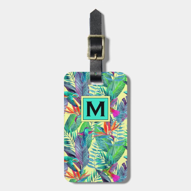 Aquarellvögel im Dschungel | Monogramm Gepäckanhänger (Vorderseite vertikal)