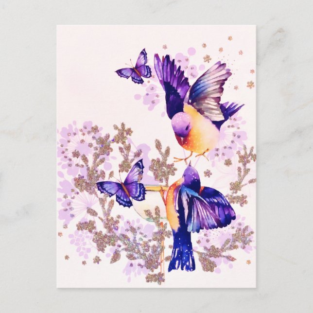 Aquarellvögel Lila Glitzer Feiertagspostkarte (Vorderseite)