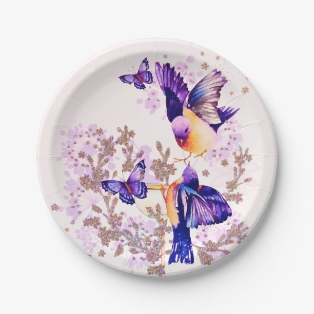 Aquarellvögel Lila Glitzer Pappteller (Vorderseite)