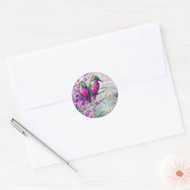 Aquarellvögel mit rosa Frühlingsblumen Runder Aufkleber (Umschlag)
