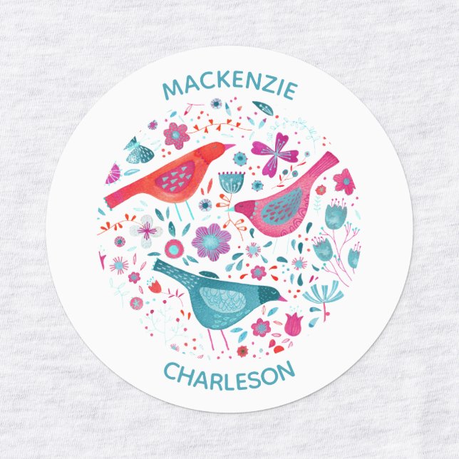 Aquarellvögel und Blume Individuelle Name Etiketten (Design 1)