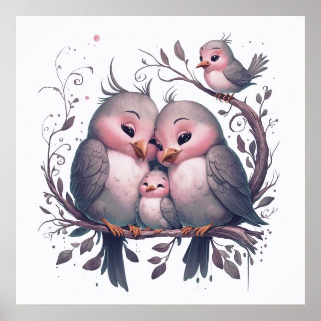 Aquarellvogelfamilie mit Kindern#5 Poster (Vorne)