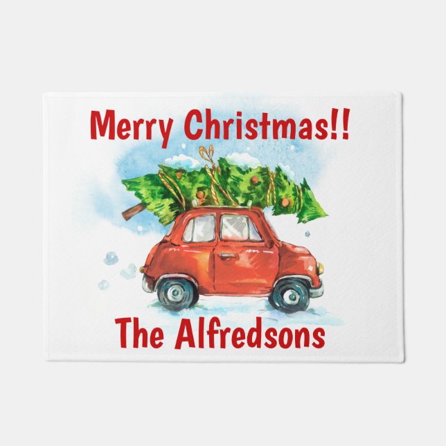 Aquarellwagen mit Weihnachtsbaum Fußmatte (Vorderseite)