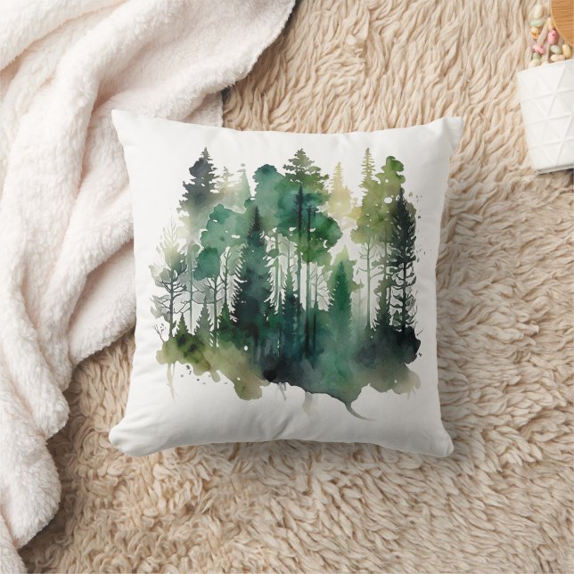 Aquarellwald Bäume Natur Grünbraun Kissen (Decke)