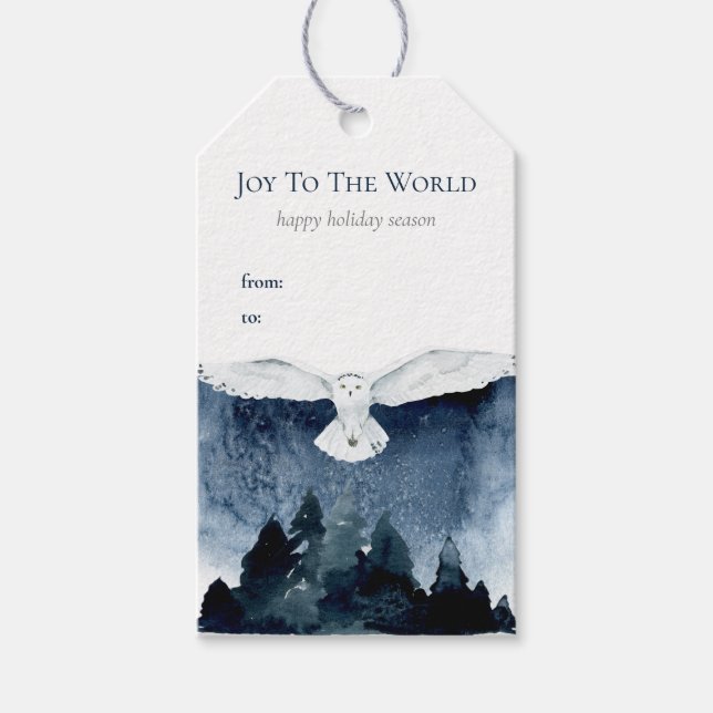 Aquarellwald Eule Weihnachten Blauer Schnee Geschenkanhänger (Vorderseite)