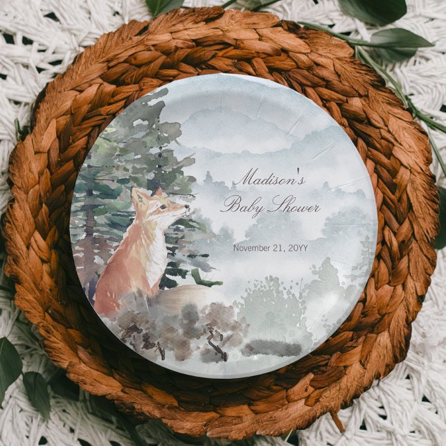 Aquarellwald Fox Babydusche Pappteller (Watercolor Woodland Forest Fox Baby Shower Paper Plates)